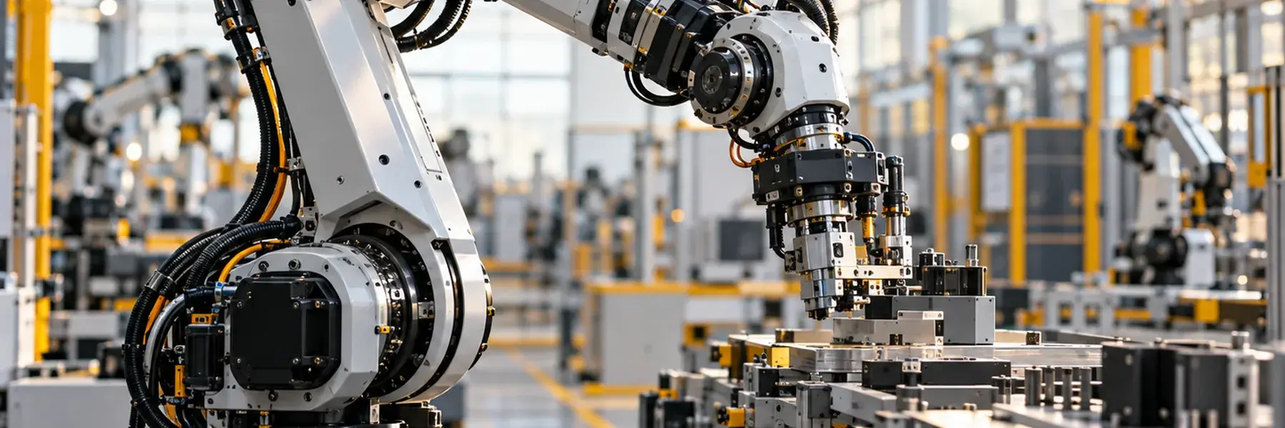 Bras robot industriel blanc dont l'outil travaille sur un poste de montage de pièces, dans une ligne automatisée où d'autres robots se détachent en arrière-plan.