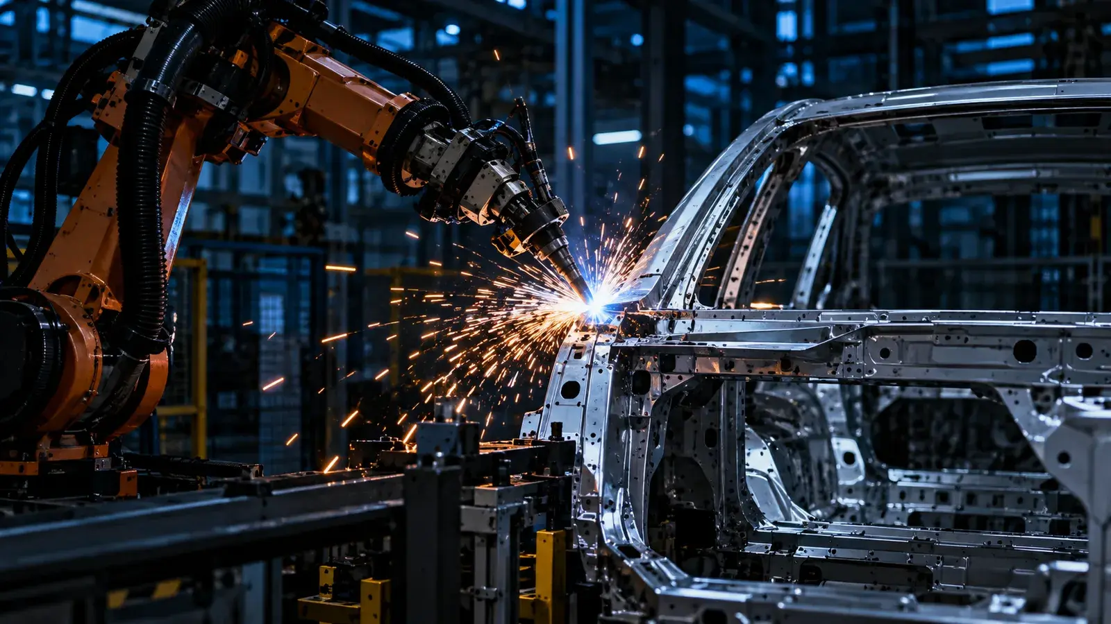 Robot orange soudant une caisse automobile en acier brut sur une ligne d'assemblage, dans une gerbe d'étincelles, au cœur d'une usine sombre éclairée de bleu.