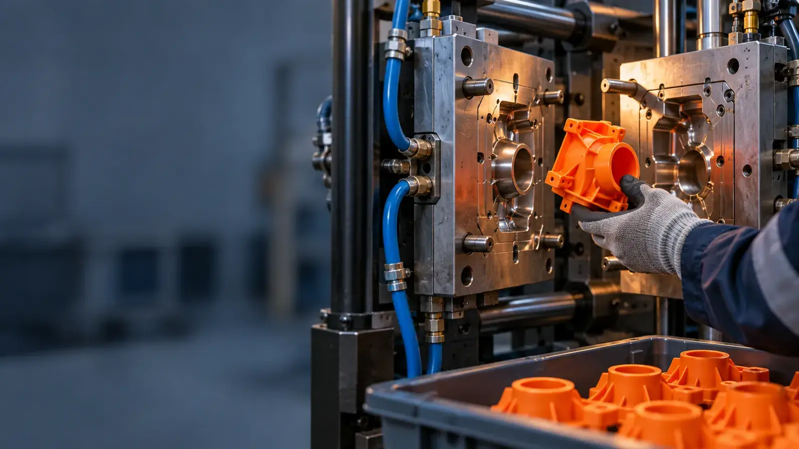 Pièce plastique orange démoulée à la main dans le moule ouvert d'une presse à injecter, deux demi-moules en acier poli visibles.