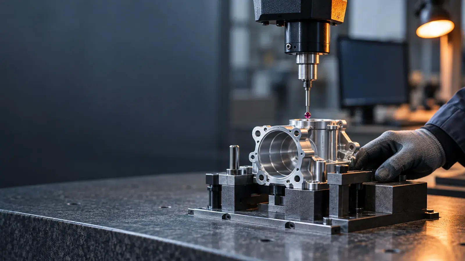Contrôle dimensionnel : le palpeur d'une machine à mesurer tridimensionnelle s'approche d'un boîtier en aluminium posé sur un marbre.